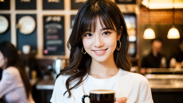 ((最high quality, 8k, masterpiece: 1.3)), perfect face,Inside a stylish cafe in New York、Draws a scene where a beautiful woman with big breasts like a model is drinking a latte.,All around you, you can see other customers enjoying their time.。At the back of...