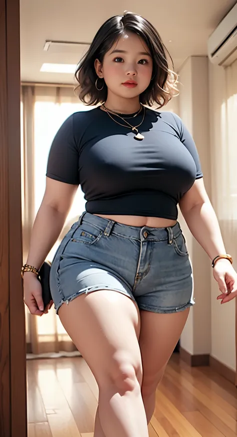 ((best quality)), ((masterpiece)), (detailed), perfect face, araffe woman in a dark-blue shirt and blue denim skirt walking down a dark room, thicc, she has a jiggly fat round belly, bbwchan, wearing tight simple clothes, skinny waist and thick hips, wides...