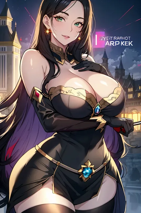 Lian, long black hair, hair stick, bangs, green eyes, solo, smiling, standing, upper body, hips, bare shoulders,purple thighhighs, black dress, gold jewelry,armor,gloves,circlet, cleavage, red and gold royal castle, gigantic breasts, (best quality, masterp...