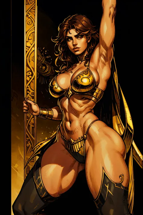 (best quality, masterpiece), (tarot, tarot card,:1.1) solo dragoncrown Female amazon warrior, black background, golden, glorious, epic background, epic vibe, (((in the style of Druuna)))