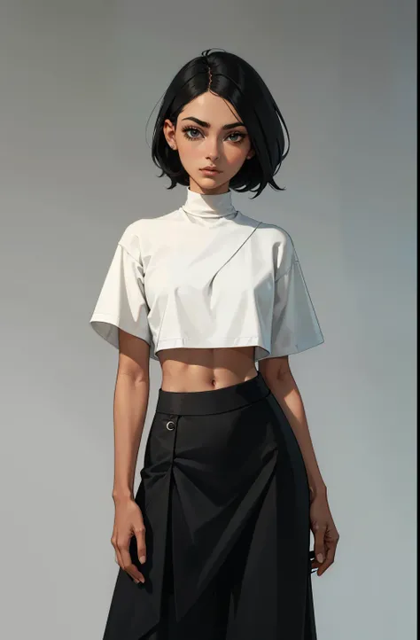 topete, mascara, Lips are soft or colored, fundo preto simples, minimalismo, monotonous, paletas de cores vivas, limpo, Crisp drawings, silhuetas fluidas, Streetwear skirts and pants, asymmetric, geometric, Simple and minimalist accessories, Designs difere...