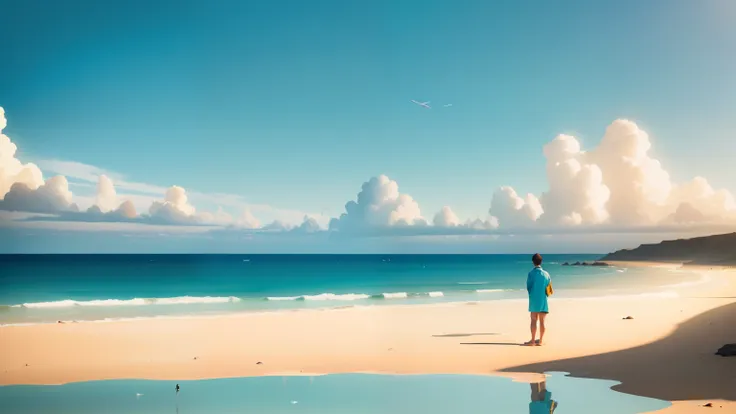 a large open bech scene with a light blue sky, a person relaxing, beautiful, expansive skybox, light colors