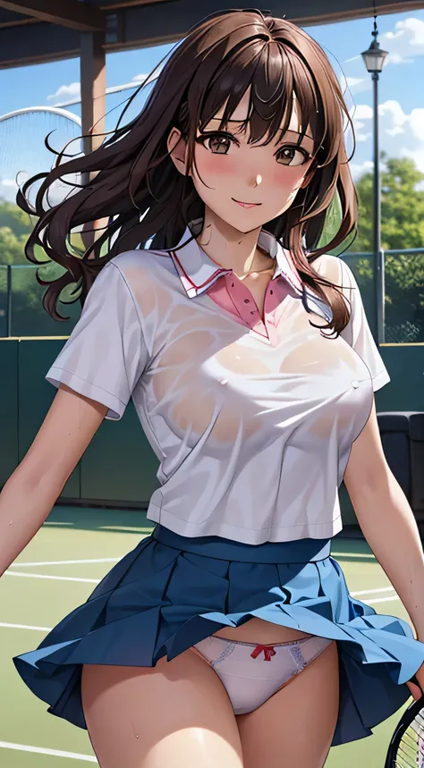 ((table top, highest quality, High resolution, perfect pixel,  4k,)), 1 girl, single, alone, Beautiful woman、I could see the whole body、 ((short wavy hair, bangs, brown hair)), ((brown eyes, beautiful eyelashes, realistic eyes)), ((detailed face, blush:1.2...