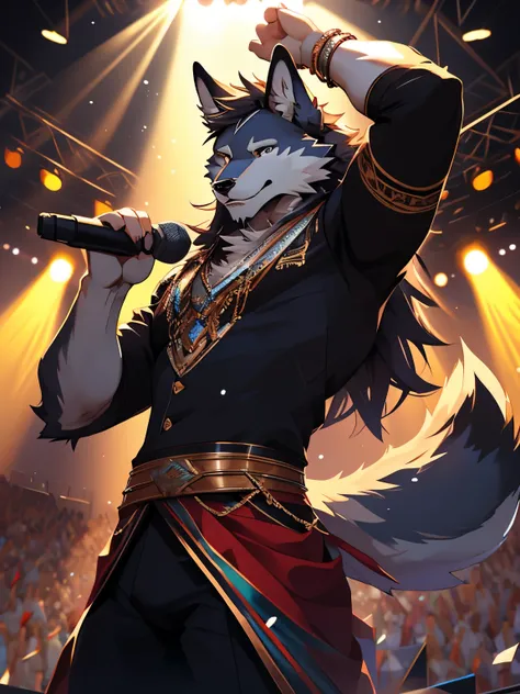 4k, high resolution, best quality, perfect colors, perfect shadows, perfect lighting, posted on e621, (by Chunie), male, furry, Wolf anthro, eyes, (Realistic eye details 1.2), KPop wear, slim body, Long hair, onstage, Singing in front of an audience, vigor...