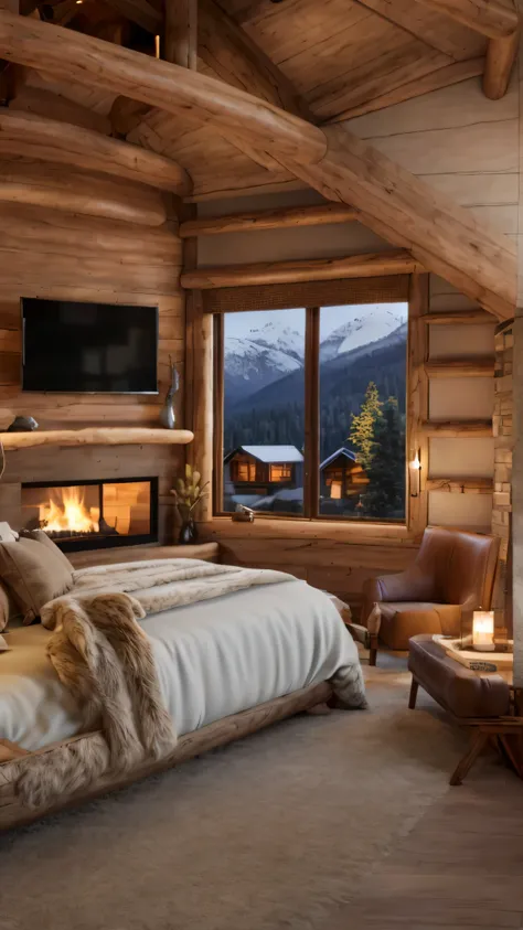 arafed bedroom with a fireplace and a large bed in it, cozy setting, cozy and calm, cozy and peaceful atmosphere, cozy environme...