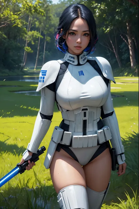 A (sexy lightsaber wielding Jedi( battles (Imperial Storm Troopers) in a Rice Paddy, Setting Star Wars (best quality,4k,8k,highres,masterpiece:1.2),ultra-detailed,(realistic,photorealistic,photo-realistic:1.37), HDR, UHD, studio lighting, extreme detail de...