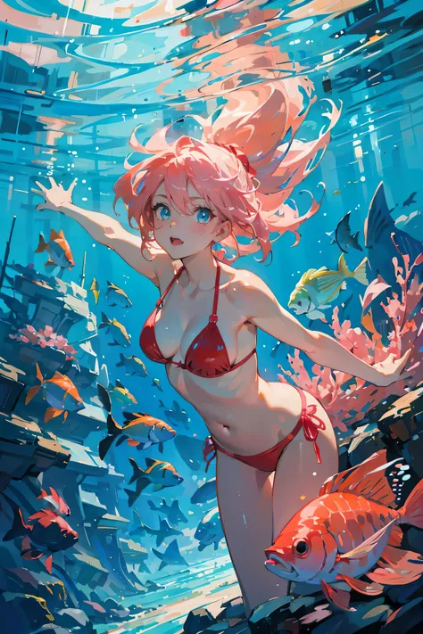 oil art,pink haired mature woman,under turquoise sea,red bikini with fishes around,hd formal, fancy, sparkle, simple background,fish eye perspective,only face near