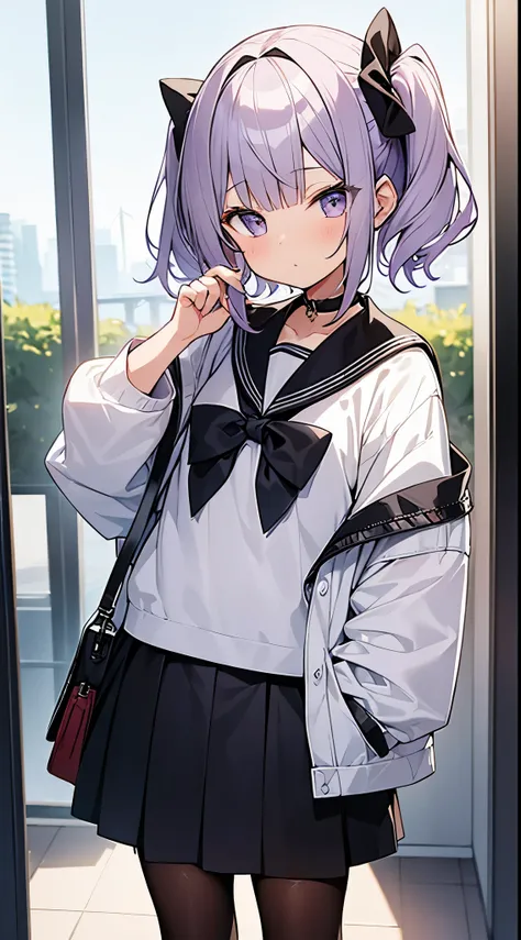 highest quality、masterpiece、super detailed face、low length、cute kid、Beautiful boy dressed as a woman (Kimizono Nao)、light purple hair、short twintail hair tied high+Scrunchie、small padded chest、choker、pumps、sailor suit、shiny black pantyhose、