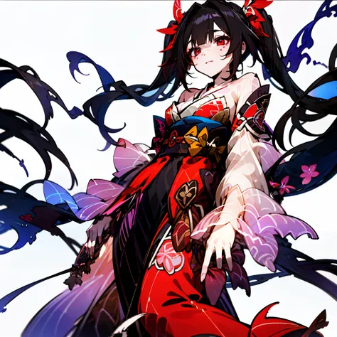 brown haired girl, twintails, red braids, kimono, fox mask on her head, red eyes, red dot tattoos under her eyes, red ribbon around her waist, Scenery of the red spider lily garden