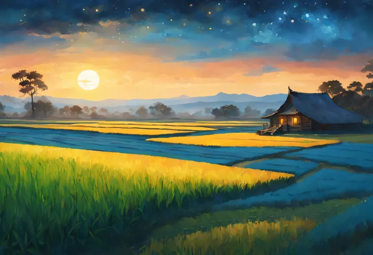 best quality, 4k, 8k, high level, masterpiece: 1.2, Super detailed, actual: 1.37,
(Endless rice fields), blue sky, dreamy atmosphere, bright color palette, Vibrant shades, Impressionist brushstrokes, Subtle lighting effects (Silhouette of a little girl in ...