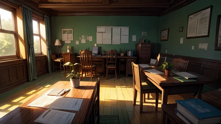 A study room. A planner-book is on the desk and theres a wooden chair behind the desk. There are also some plants and theres a stickman person behind the desk and theres some doodle above his head showing he is distracted. Theres a paper among others on th...