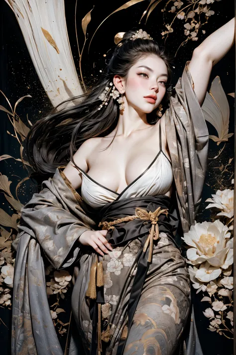 Umalinda warrior sexy, pretty face, Delicious Company, Alluring figure, Wearing a sexy open kimono. The artwork is created in a medium reminiscent of Japanese ink paintings....., 具有大胆的笔触和Monochromatic color palette. artist&#39;Masterful technique reveals t...