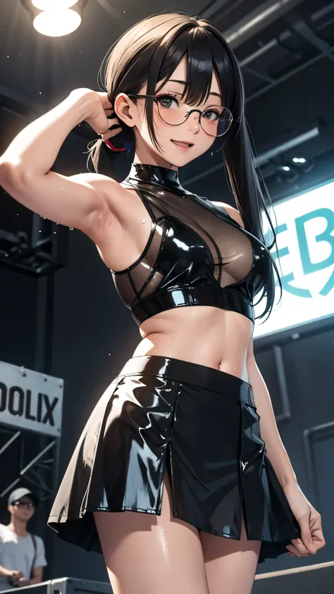 1 female,black hair,25 years old,(((blue shiny micro tight skirt)))((white tank top))(((blush、open mouth smile)),(((straight hair))),(((portrait))),crowd,,(wet with sweat)(sexy black bra and see-through tank top)(Glasses)(((small breasts)))((low ponytail))