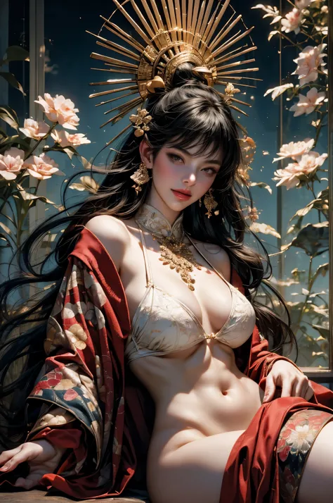 Umalinda warrior sexy, pretty face, Delicious Company, Alluring figure, Wearing a sexy open kimono. The artwork is created in a medium reminiscent of Japanese ink paintings....., 具有大胆的笔触和Monochromatic color palette. artist&#39;Masterful technique reveals t...