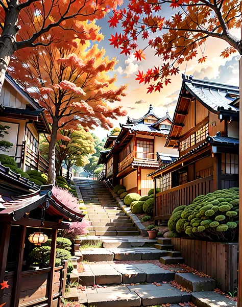 Kyoto cityscape photo, Cobblestone staircase、Japan wooden house、beautiful scenery,bushes, maple leaf,Autumn time, sunlight,((Glaring expression)),Like Style,4K HD, cloud,Beautiful art UHD 4K, Beautiful artwork illustration, beautiful digital paintings, hig...