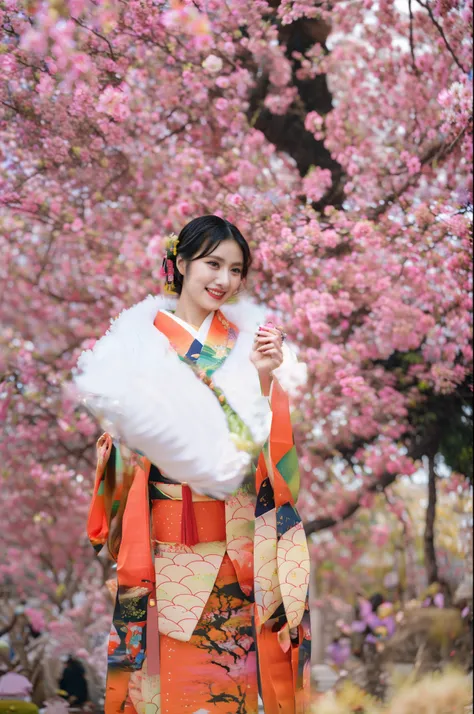 araffe dressed in a kimono standing under a tree with pink flowers, japanese woman, japanese kimono, sakura season, wearing kimono, elegant japanese woman, wearing a kimono, a beautiful kitsune woman, traditional japanese, japanese clothes, japaneese style...