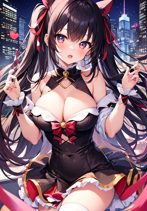 masterpiece、best image quality、ultra high resolution、teenage girl with big breasts、twin tail hairstyle、black hair、hair ribbon、red face、shyly、mock、Open your mouth just a little、Magical girl costume that shows cleavage、magical girl miniskirt、magical girl kne...