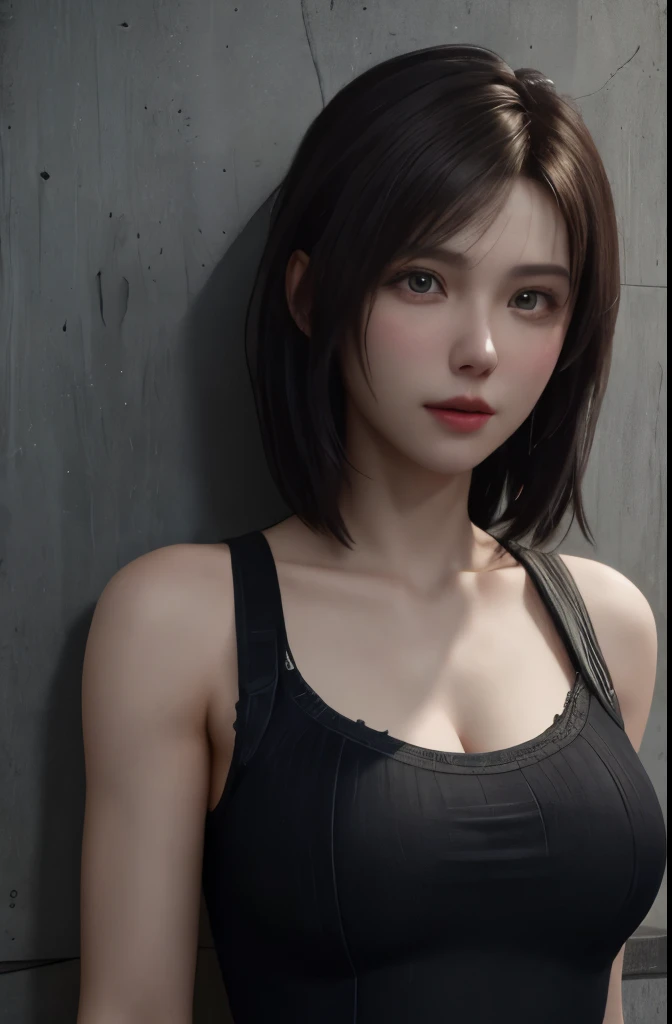 (masterpiece), (Highest image quality), 8K resolution, Super detailed, Super detailed, realism, realism,Tifa Lockhart、,short hair、dark brown hair、cool pose、Detailed beautiful eyes、Bust B Cup、、Slender body type、concrete wall、metal pipes