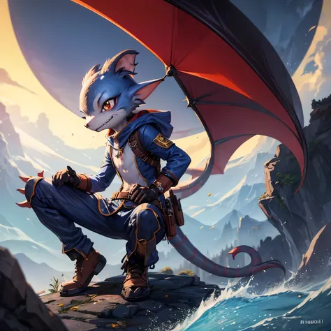 (((Kobold)), (detailed kobold)), wearing engineering coat and pants, kobold tail, draconic fully scaled, blue scales, side view, looking around with a smile, blush, holding a two-handed rifle, perspective, finely detailed paws, adventure backpack, vials, n...