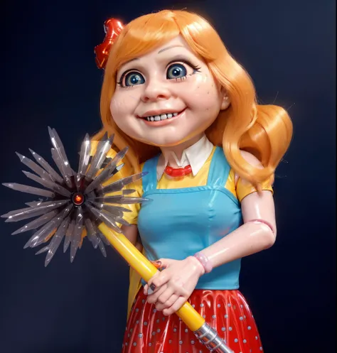 cartoon doll girl with a mace in her hand, doll, game character, videogame character, creepy doll, large creepy smile, doll with creepy smile and red eyes, insane, she ia holding death star mace in hand, doll toy,  glossy texture, smooth 3d model, multiple...