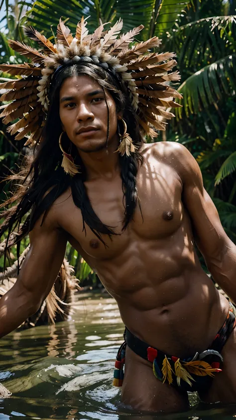 South American Tupi-Guarani indigenous man, with feathers on head, cabelo comprido, strong holding a long spear, pintura facial branca, vermelha e preta. Metade do corpo como o de uma cobra, parecendo a medusa, do folclore grego, in the middle of the water...