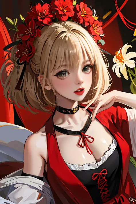 (Fine, beautiful eyes and detailed face)、cinematlic lighting、bustshot、Highly detailed CG Unity 8K wallpaper、(top-quality、hight resolution、8K、​masterpiece:1.2)。Curvaceous but slender、Muchimuchi Body、Red spider lily field、Red modal lilies are blooming all ar...