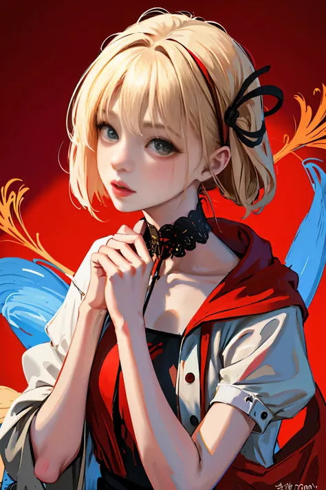 (Fine, beautiful eyes and detailed face)、cinematlic lighting、bustshot、Highly detailed CG Unity 8K wallpaper、(top-quality、hight resolution、8K、​masterpiece:1.2)。Curvaceous but slender、Muchimuchi Body、Red spider lily field、Red modal lilies are blooming all ar...