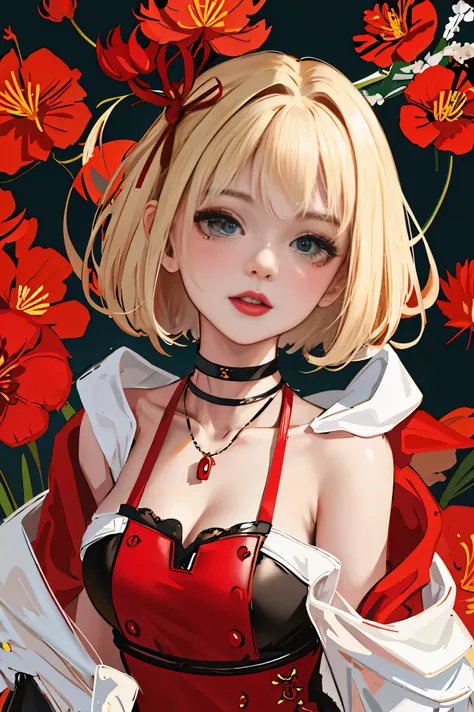 (Fine, beautiful eyes and detailed face)、cinematlic lighting、bustshot、Highly detailed CG Unity 8K wallpaper、(top-quality、hight resolution、8K、​masterpiece:1.2)。Curvaceous but slender、Muchimuchi Body、Red spider lily field、Red modal lilies are blooming all ar...