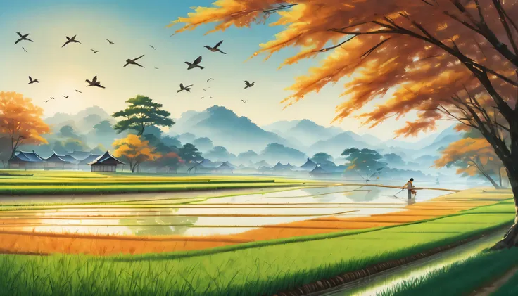 Calm rice field landscape illustration, wide panoramic angle, Lively rice field, Clear water gutter with fish shadows, autumn sun lighting, swaying in the wind, The essence of peaceful countryside, beauty of nature, Small beaks move in perfect harmony, A f...