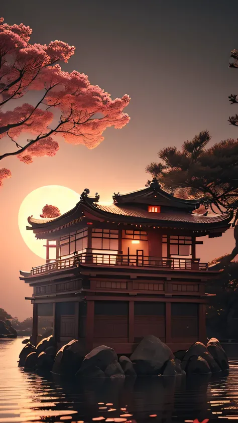 temple japonais, avec un cerisier rose, de nuit avec un ciel noir et une pleine lune