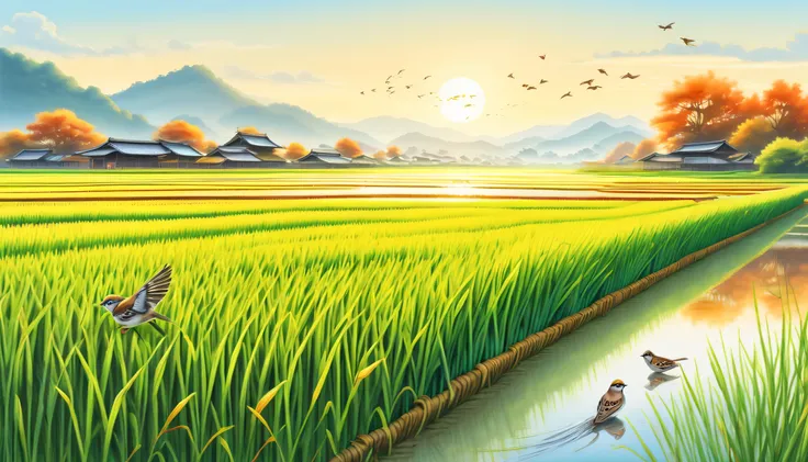 calm rice field landscape illustration, wide panoramic angle, lively rice field, clear water gutter with fish shadows, autumn su...