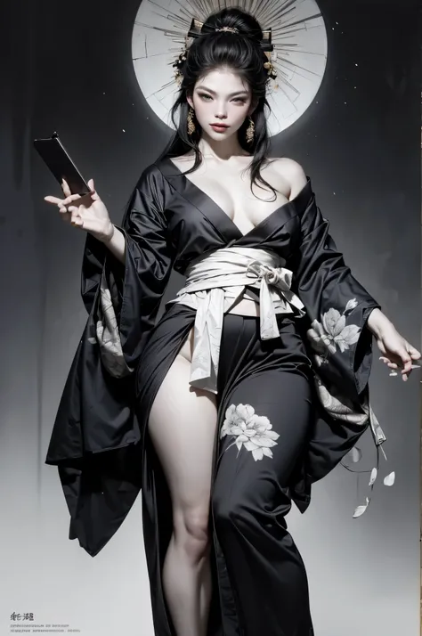 Umalinda warrior sexy, pretty face, Delicious Company, Alluring figure, Wearing a sexy open kimono. The artwork is created in a medium reminiscent of Japanese ink paintings....., 具有大胆的笔触和Monochromatic color palette. artist&#39;Masterful technique reveals t...