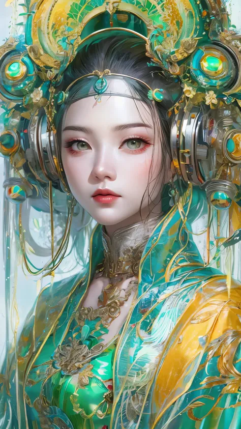 tang suit，chinese hanfu，a image of a woman wearing colorful robot tech, in the style of free-flowing surrealism, shiny/glossy, p...