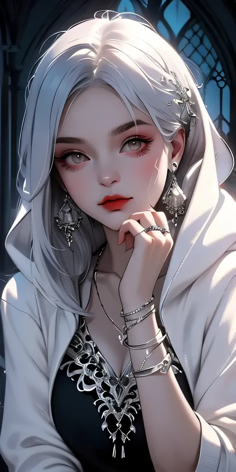 , huge, Double tail, silver hair, Hoodies, retro gothic, posture, Lovely, face up, high quality, necklace, ring, bracelet, earrings