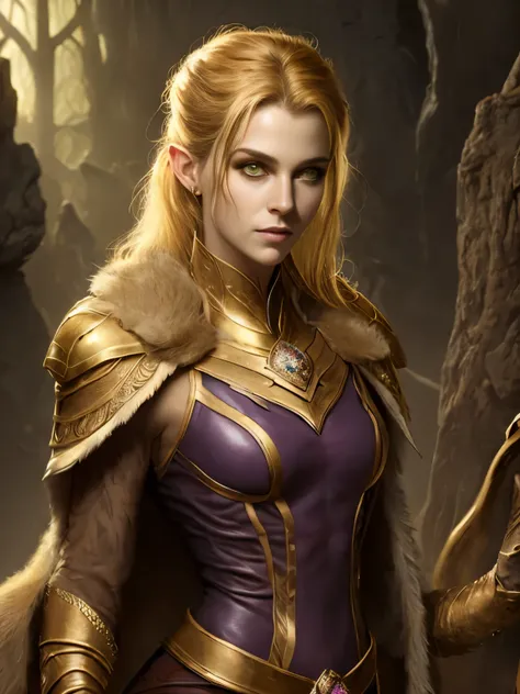 (Realistic:1.2), midshot, (cel-shading style:1.3), centered image, ultra detailed illustration of female elf posing, golden hair, (shining gold freckles), inkpunk, (ink lines:1.1), strong outlines, bold traces, unframed, high contrast, (cel-shaded:1.1), ve...