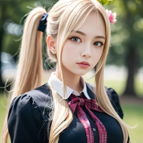 portrait、japanese school uniform、bright look、twin tails、young shiny glossy white shiny skin、best looks、blonde reflection、Platinum blonde hair with dazzling highlights、shiny bright hair,、super long straight hair、Shining beautiful bangs、Sparkling crystal cle...