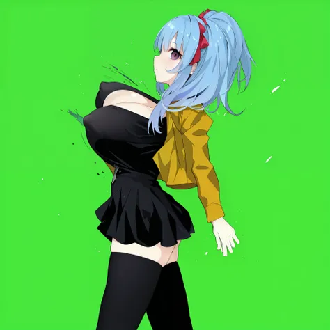 1 skinny girl, solo, light blue hair, side face, BREAK, (dark purple eye:1.4), bending back, looking at viewer, BREAK, black plunging neckline short dress, dark yellow cropped jacket, black thighhighs, BREAK, (bouncing unaligned huge breasts:1.5), very sho...