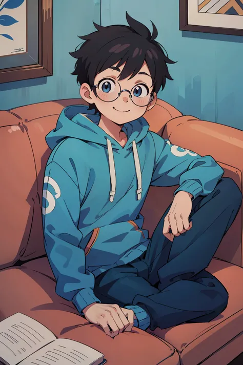 Handsome Anime boy, black curly hair, glasses, smiling, blue hoodie, sitting on a couch, (1boy), high quality, Anime style