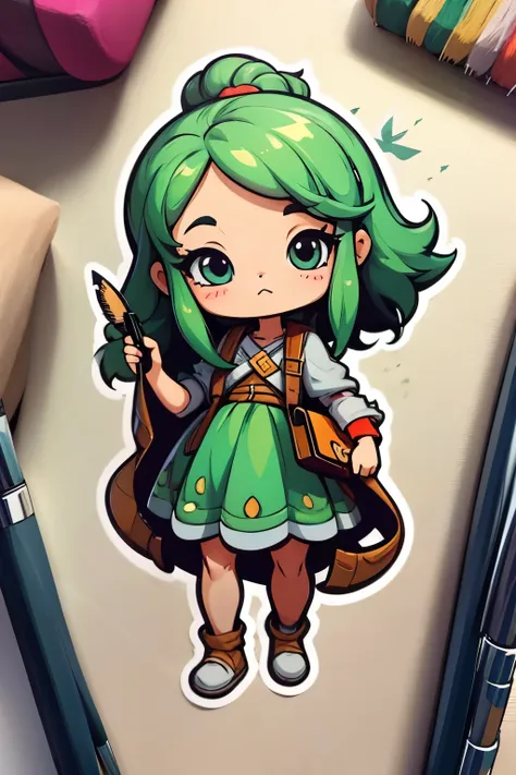 a sticker，many character, little bird, Maltese, green color hair, have a writing brush, drowing picture, simple backgound，Cartoon Cute，funny style, chibi style, high detailed, highest quality, masterpiece,