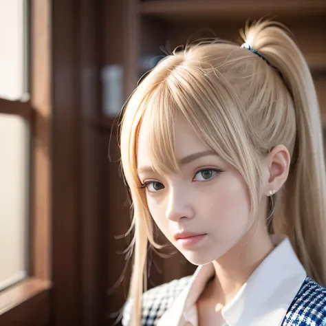 portrait、japanese school uniform、bright look、twin tails、young shiny glossy white shiny skin、best looks、blonde reflection、Platinum blonde hair with dazzling highlights、shiny bright hair,、super long straight hair、Shining beautiful bangs、Sparkling crystal cle...