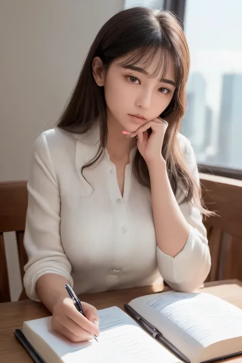 (Masterpiece, top-quality, high resolution: 1.2), (Company philosophy: "Focus on the goal, excellence"),

A focused and determined woman, (chest forward, piercing gaze), sitting at her desk, (pens in hand, notebook open), surrounded by books and documents,...