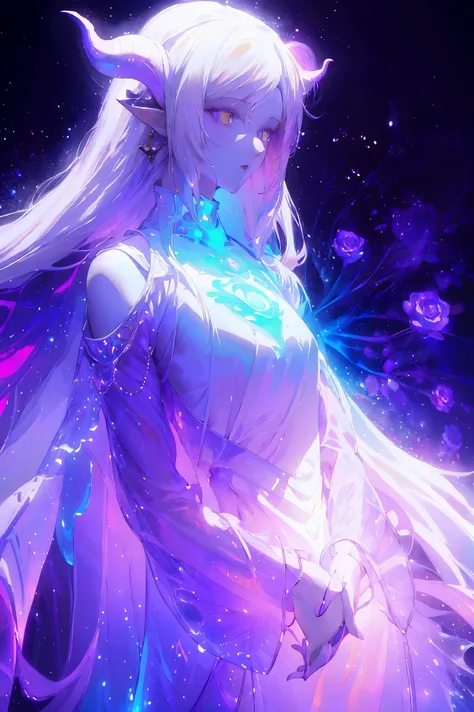 Designed by nty, one , solo, 8k, Ultra high quality, Albino demon girl standing, dark clothes, Photographed from a distance, ( long white hair:1.3) , purple rose bush, (Rainbow gradient bioluminescent dress), Blue turtleneck sweater with tulle skirt, blink...