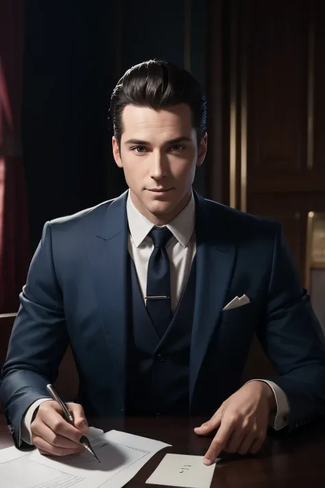 Describe and create an image of a man in the United States in the 1940s based on the following characteristics:James "Jimmy" Sullivan: A man with dark hair slicked back, destacando sua testa larga e olhos penetrantes. Your smile is warm and confident, refl...