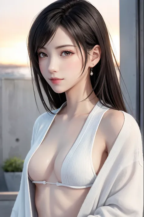 (Top Quality, Masterpiece: 1.1), (Realistic: 1.3), Wallpapers, ultra high res, ultra high quality,  BREAK (((FF7,Tifa_lockhart))),Ultra-detailed face, Detailed eyes,(black Brown Hair, Large breasts: 1.2),(Imaginative Macanese Female Page, background is Uni...