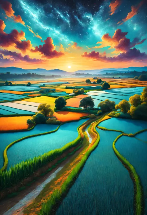 Dan Mumford style，best quality, 8k, high quality, masterpiece: 1.2, Ultra-fine, realism: 1.37, double contact,
(Endless rice fields and ), blue sky, dreamy atmosphere, bright color palette, Vibrant shades, Impressionist brushstrokes, Subtle lighting effect...