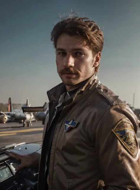 the image captures an athletic man in the confines of a vintage airplane, evoking the atmosphere of the 1940s. he embodies the e...