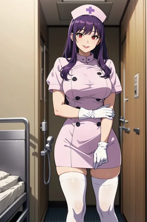 1 female, alone, nurse, nurse cap, white clothes, ((white legwear, zettai ryouiki)), white gloves, long hair, purple hair, red e...