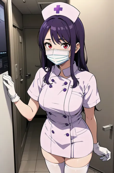 1 female, alone, nurse, nurse cap, white clothes, ((white legwear, zettai ryouiki)), white gloves, long hair, purple hair, red e...