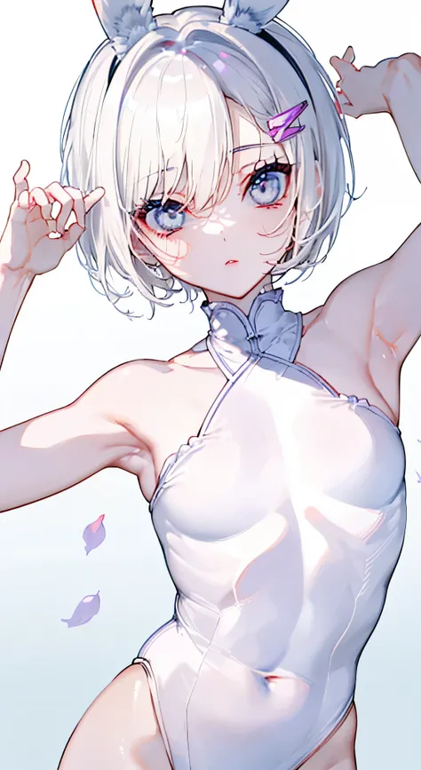 "(perfect masterpiece:1.2), (highest quality:1.2), stunning face,  compensate, long and luxurious eyelashes, lip whole, irresistible charisma.",belly button,(((girl like boy))),(((very short hair))),abs,raised his arms,NSFW,(((muscle)))，white leotard，Bunny...