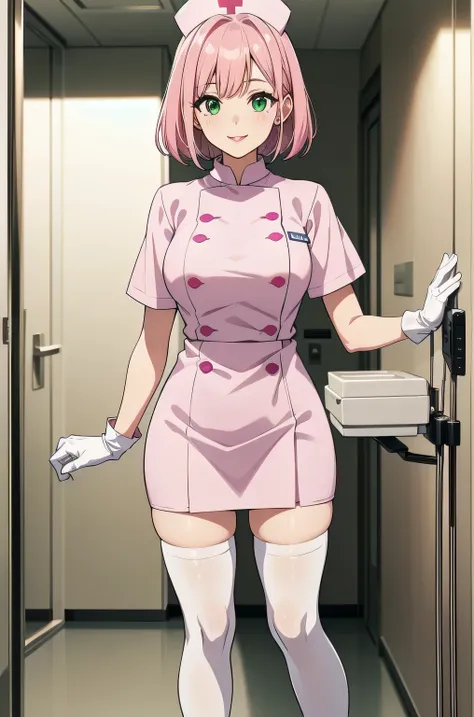 1 female, alone, nurse, nurse cap, white clothes, ((white legwear, zettai ryouiki)), white gloves, pink hair, green eyes, droopy...